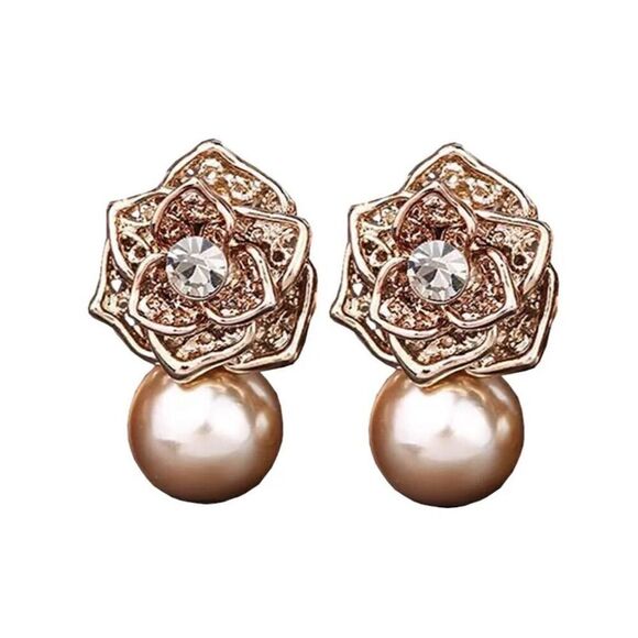 Textured Bronze Floral Stud Earrings with Faux Pearl Drop Classic Elegant - Picture 2 of 10